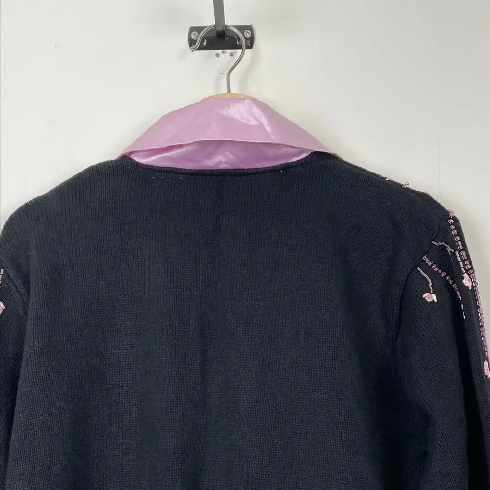Storybook Knit Vtg Black Button Cardigan Sweater Pink Embroidery Satin Trim L